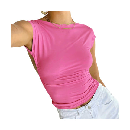 Women's Scoop Neck Backless Crop Top Short Sleeve Slim Fit T Shirt
