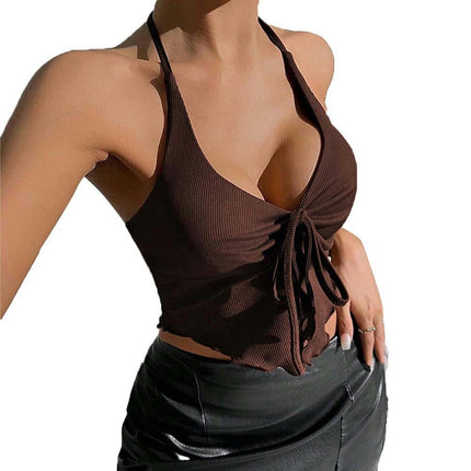 Women Halter Tie Ribbed Sleeveless Ruched Summer Sexy Tank Tops