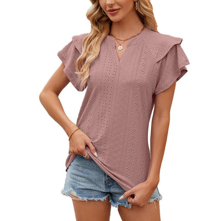Women's Summer Tops Ruffle Short Sleeve V Neck Casual T Shirts Blouses