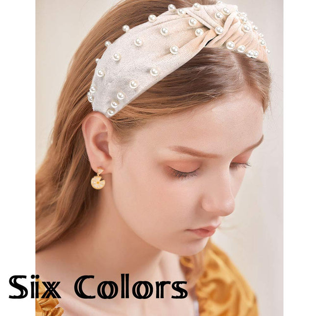 Fashion Velvet Headbands, 6 Pack Vintage Hairbands Wide hairband Pearl Knot Turban Headband with elegant faux pearls Hair Hoops Fashionable Hair Accessories for Girls Women (6 colors)
