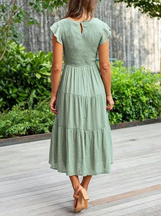 Women's Summer Casual Crew Neck Ruffle Cap Sleeve Smocked High Waist Midi Dress