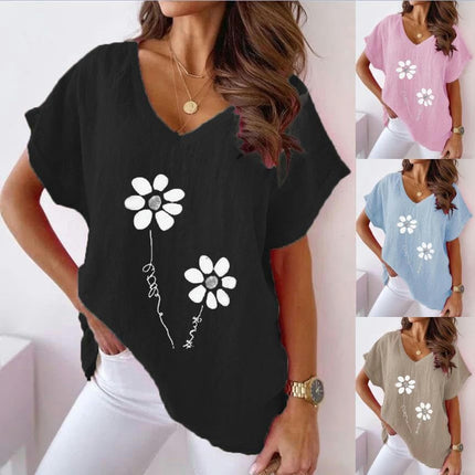 Womens Short Sleeve V Neck Shirts Asymmetrical Hem Cotton Linen Tops