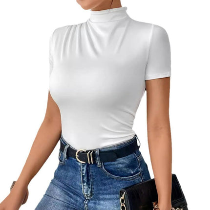 Womens Casual Short Sleeves Top High Neck Ruched Fitted T Shirts