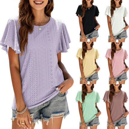 Women Round Neck Ruffle Short Sleeve Tops Loose Fit T-Shirts