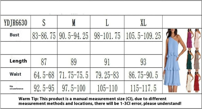 Women's Summer One Shoulder Sleeveless Ruffle Layered Chiffon Pleated Flowy Mini Dress