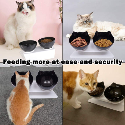 Cat Bowls with Stand, Pet Feeder Double Food Diner Bowl Set Perfect for Cats and Ultra Small Dog-Black