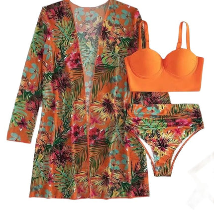 Women's 3 Piece Swimsuit Sexy Push Up Floral Printed Bikini Set with Kimono Cover Ups