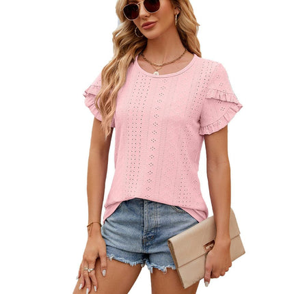Women Summer Crewneck T Shirts Top Ruffle Short Sleeve Casual Blouses