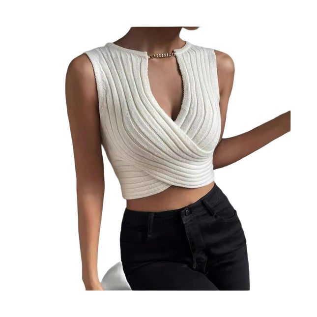Women's Summer Casual Sleeveless Deep V Neck Knit Wrap Crop Tank Top