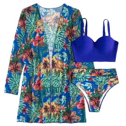 Women's 3 Piece Swimsuit Sexy Push Up Floral Printed Bikini Set with Kimono Cover Ups