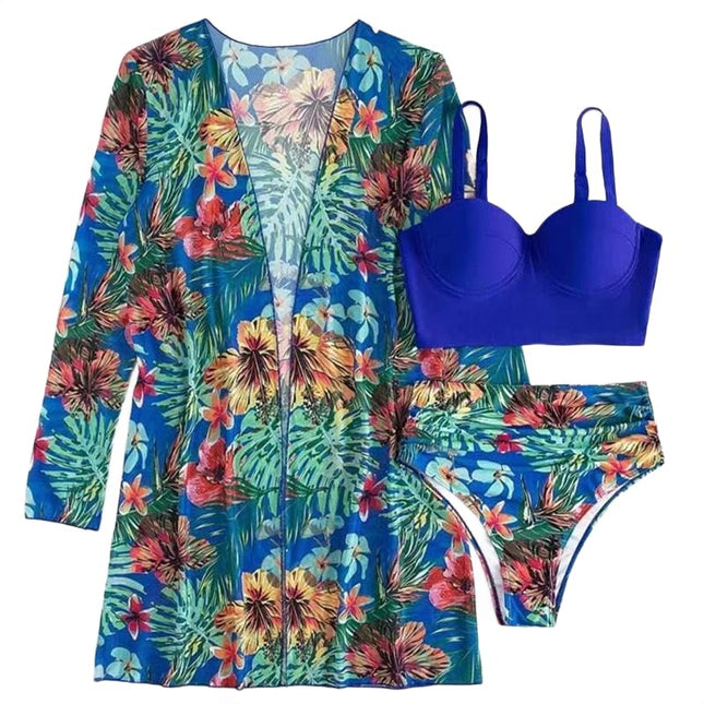 Women's 3 Piece Swimsuit Sexy Push Up Floral Printed Bikini Set with Kimono Cover Ups