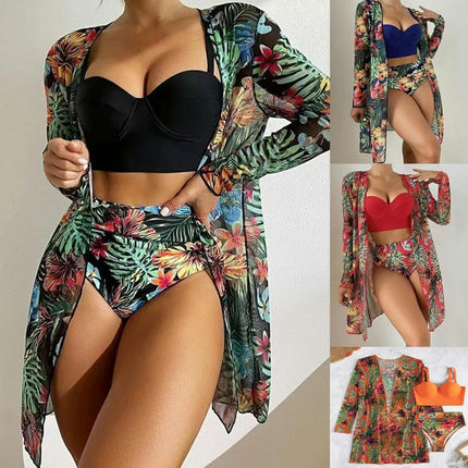 Women's 3 Piece Swimsuit Sexy Push Up Floral Printed Bikini Set with Kimono Cover Ups