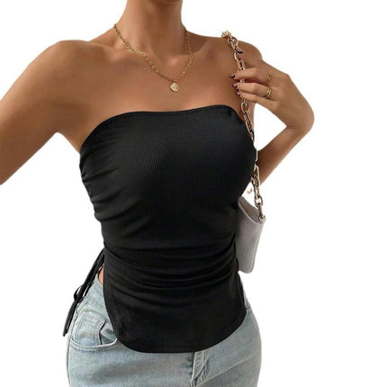 Women Summer Strapless Crop Tube Top Sweetheart Neck Drawstring Ruched Bandeau Tank Top