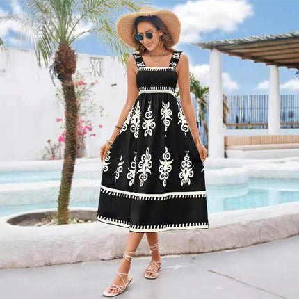 Women's Summer Flowy Midi Dress Casual Sleeveless Wide Strap Print A Line Dresses