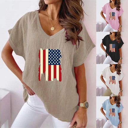 Womens Summer Short Sleeve Cotton Linen V-Neck T-Shirt Casual Loose Tops