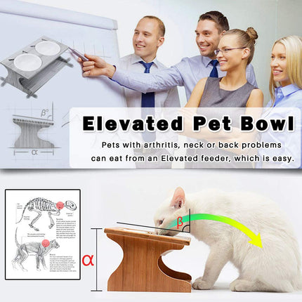 Cat Bowls, Double Cat Food Bowls with Non-Slip Bamboo Stand, Elevated Cat Bowl Raised Pet Feeder, Cat Bowls Set - with 2 Ceramic Food and Water Bowls (Classic Style)