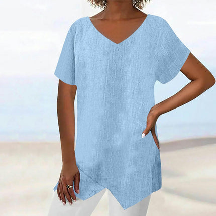 Womens Short Sleeve V Neck Shirts Asymmetrical Hem Cotton Linen Tops