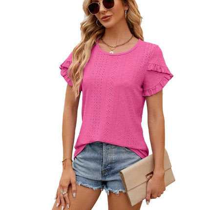 Women Summer Crewneck T Shirts Top Ruffle Short Sleeve Casual Blouses