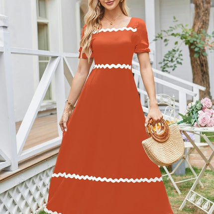 Womens Summer Dresses Square Neck Smocked Puff Short Sleeve A-Line Maxi Dress