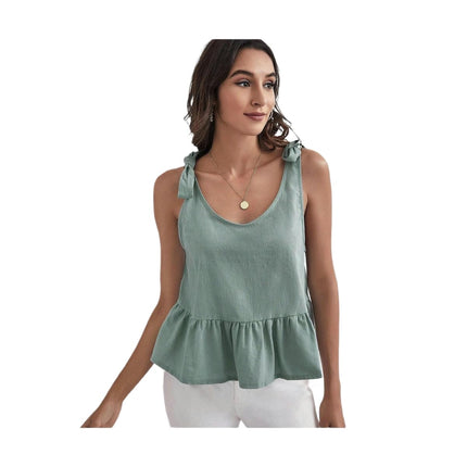 Women's Tie Shoulder Ruffle Hem Sleeveless Strappy Cami Blouse Peplum Top