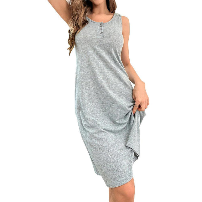 Summer Midi Dresses for Women Sleeveless Button V Neck Loose Tank Dress
