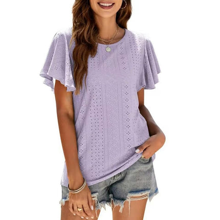 Women Round Neck Ruffle Short Sleeve Tops Loose Fit T-Shirts