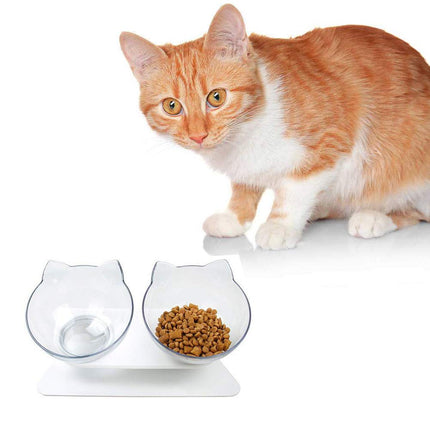 Cat Food Bowl, Double Food Water Dish Feeding Bowls for Cats and Small Dogs with Raised Stand | Non-Slip Bottom - Transparent