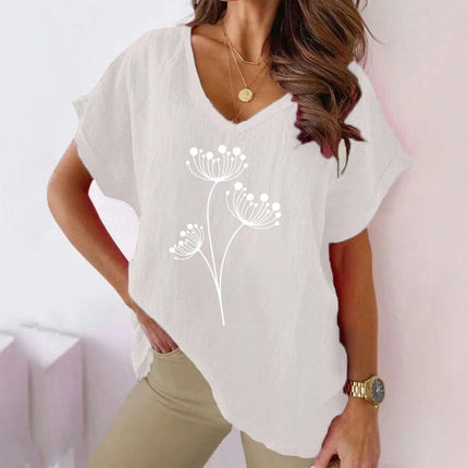 Womens Batwing Short Sleeve Cotton Linen Shirts Summer V-Neck T-Shirt Loose Tops