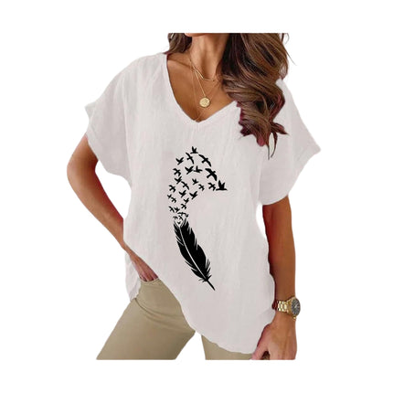 Women's Summer Cotton Linen Short Sleeve Tops Casual V Neck Loose Fit Printed T-Shirt