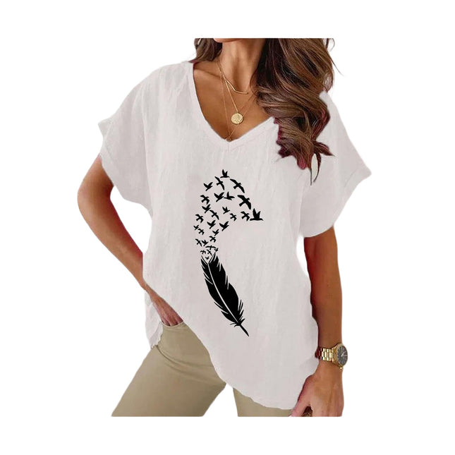Women's Summer Cotton Linen Short Sleeve Tops Casual V Neck Loose Fit Printed T-Shirt
