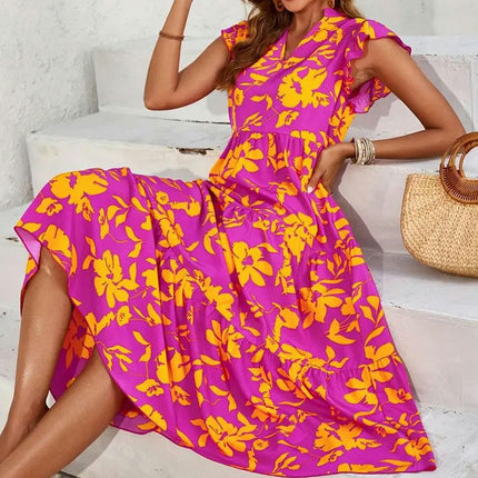Women's Summer Casual Dress Ruffle Cap Sleeves V Neck Tiered A-Line Floral Midi Dress