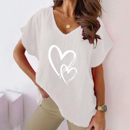 Women Casual V Neck Cotton Linen Tops Loose Fit Short Sleeve Printed Summer Tee Shirt