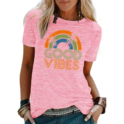 Womens Summer Round Neck Shirt Funny Letter Printed Graphic Short Sleeve Tee Tops