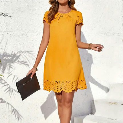 Womens Summer Short Sleeve Dresses Casual Pleated Crewneck Mini Dress