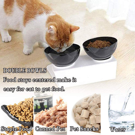 Cat Bowls with Stand, Pet Feeder Double Food Diner Bowl Set Perfect for Cats and Ultra Small Dog-Black