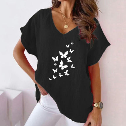 Womens Summer Short Sleeve Cotton Linen Shirts Causal V-Neck Batwing T-Shirt Loose Tops