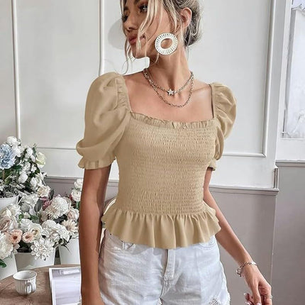 Women's Ruffle Smock Crop Top Square Neck Puff Short Sleeve Slim Fit Shirt