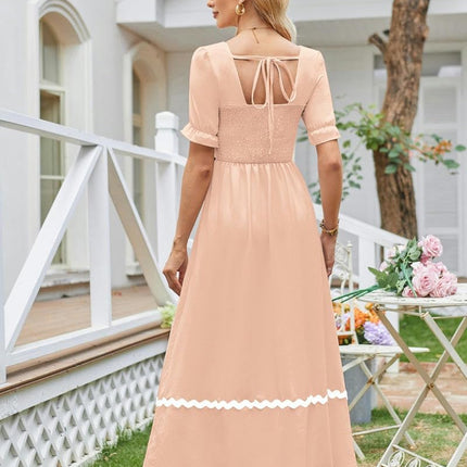 Womens Summer Dresses Square Neck Smocked Puff Short Sleeve A-Line Maxi Dress
