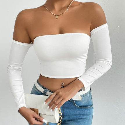 Women's Off Shoulder Long Sleeve Crop Tube Tops Slim Fit Going Out Tee