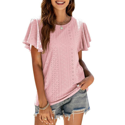 Women Round Neck Ruffle Short Sleeve Tops Loose Fit T-Shirts