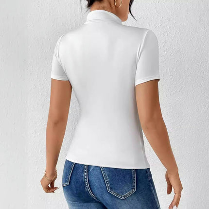 Womens Casual Short Sleeves Top High Neck Ruched Fitted T Shirts
