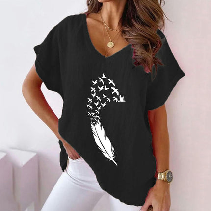 Women's Summer Cotton Linen Short Sleeve Tops Casual V Neck Loose Fit Printed T-Shirt