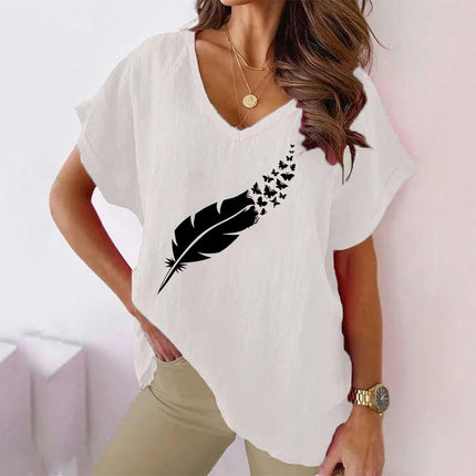 Women Summer Casual V Neck Cotton Linen Tops Loose Fit Short Sleeve Printed Tee Shirt