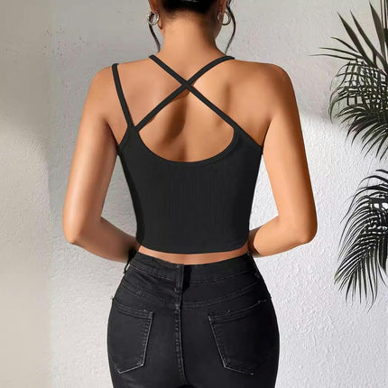 Women Spaghetti Strap Asymmetrical Neck Cut Out Sleeveless Crop Tank Top