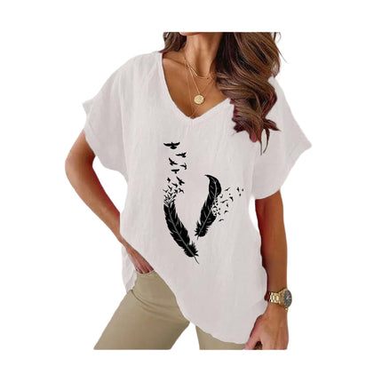 Womens Short Sleeve Cotton Linen Shirts Causal Summer V-Neck Batwing T-Shirt Loose Tops