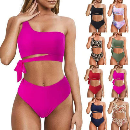 Women One Shoulder High Waisted Bikini Tie High Cut Two Piece Swimsuits