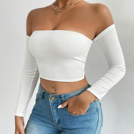 Women's Off Shoulder Long Sleeve Crop Tube Tops Slim Fit Going Out Tee