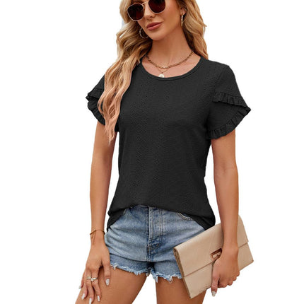 Women Summer Crewneck T Shirts Top Ruffle Short Sleeve Casual Blouses