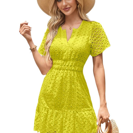 Women Summer V Neck Dress Ruffle Hem Casual Short Sleeve Mini Dresses