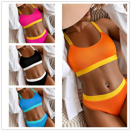 Women's High Waisted Bikini Sets Color Block Two Piece Swimsuits High Cut Bathing Suits